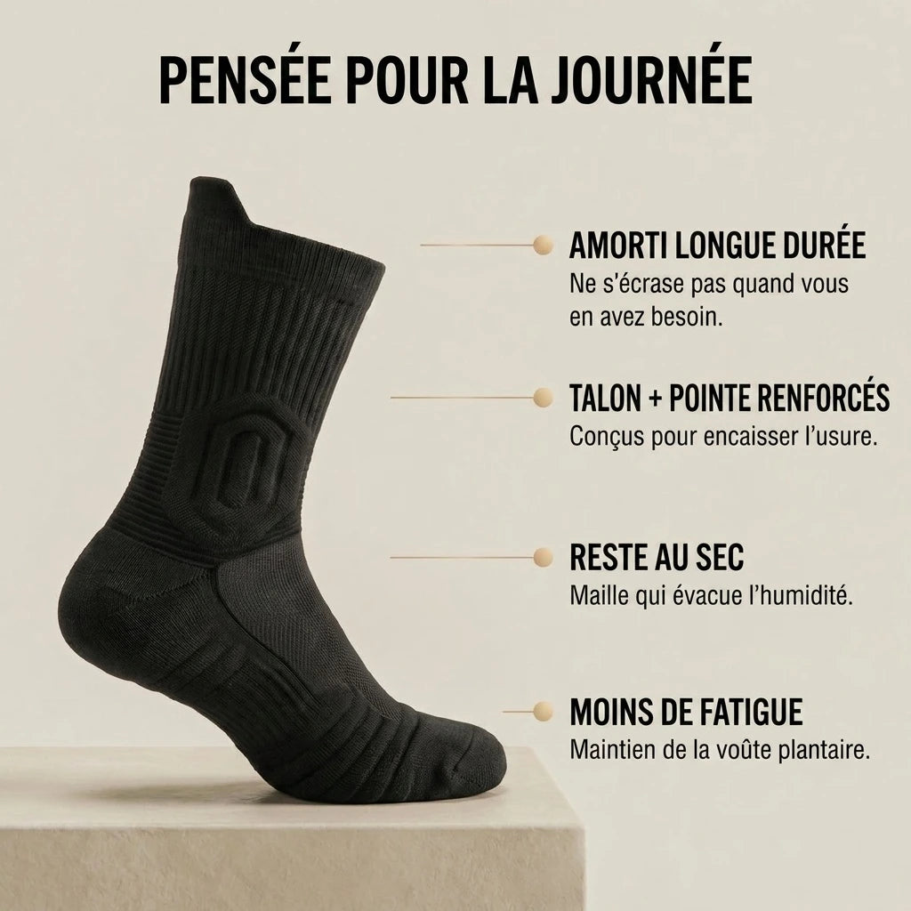 Amorti longue durée, talon et pointe renforcés, reste au sec, moins de fatigue
