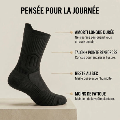 Amorti longue durée, talon et pointe renforcés, reste au sec, moins de fatigue